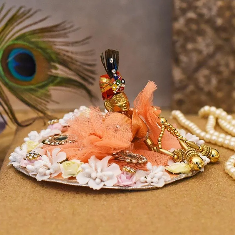 Attractive Peach Floral Krishna Poshak