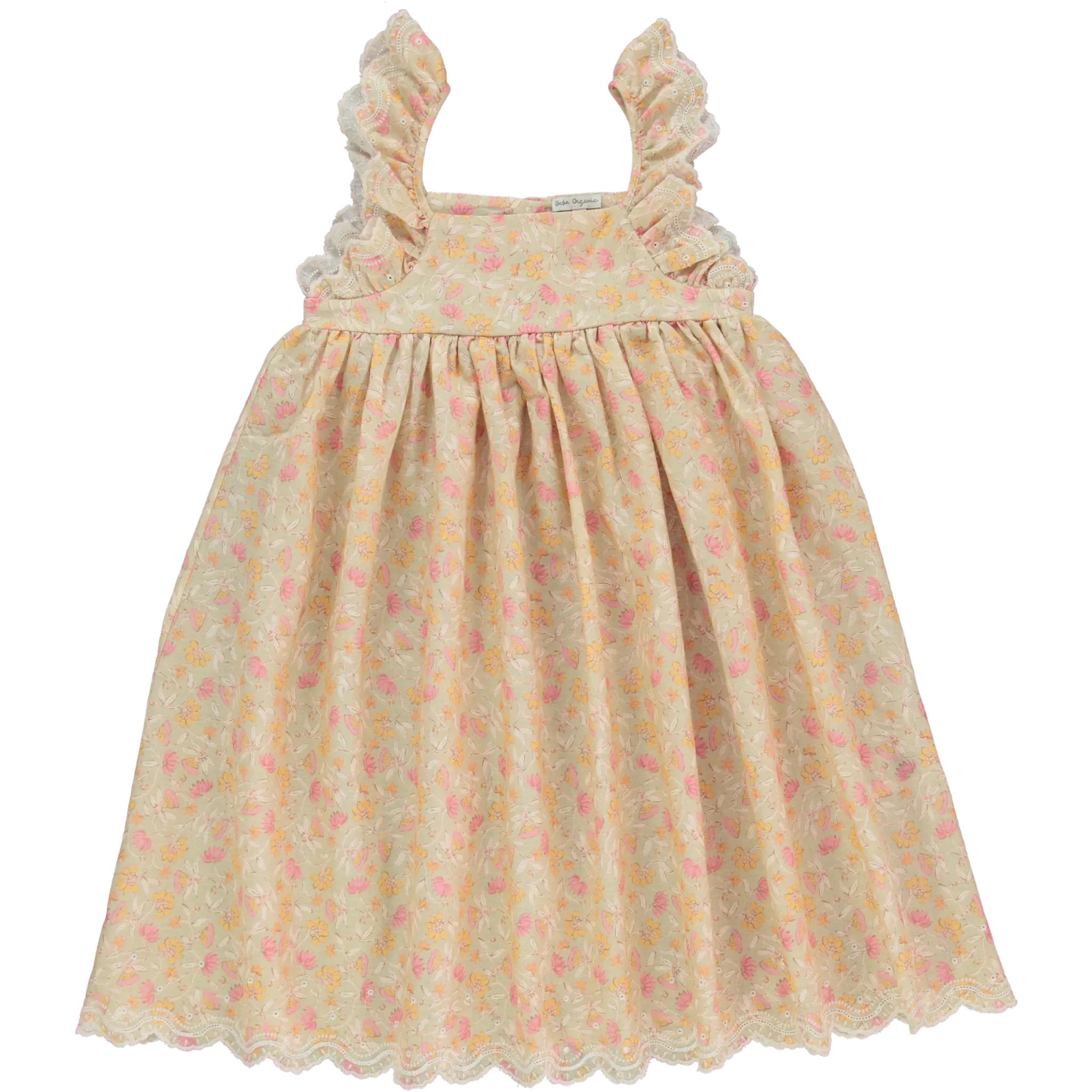 BEBE ORGANIC PINK YELLOW FLORAL RUFFLE TRIM DRESS [FINAL SALE]