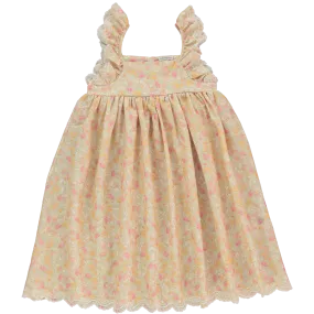 BEBE ORGANIC PINK YELLOW FLORAL RUFFLE TRIM DRESS [FINAL SALE]