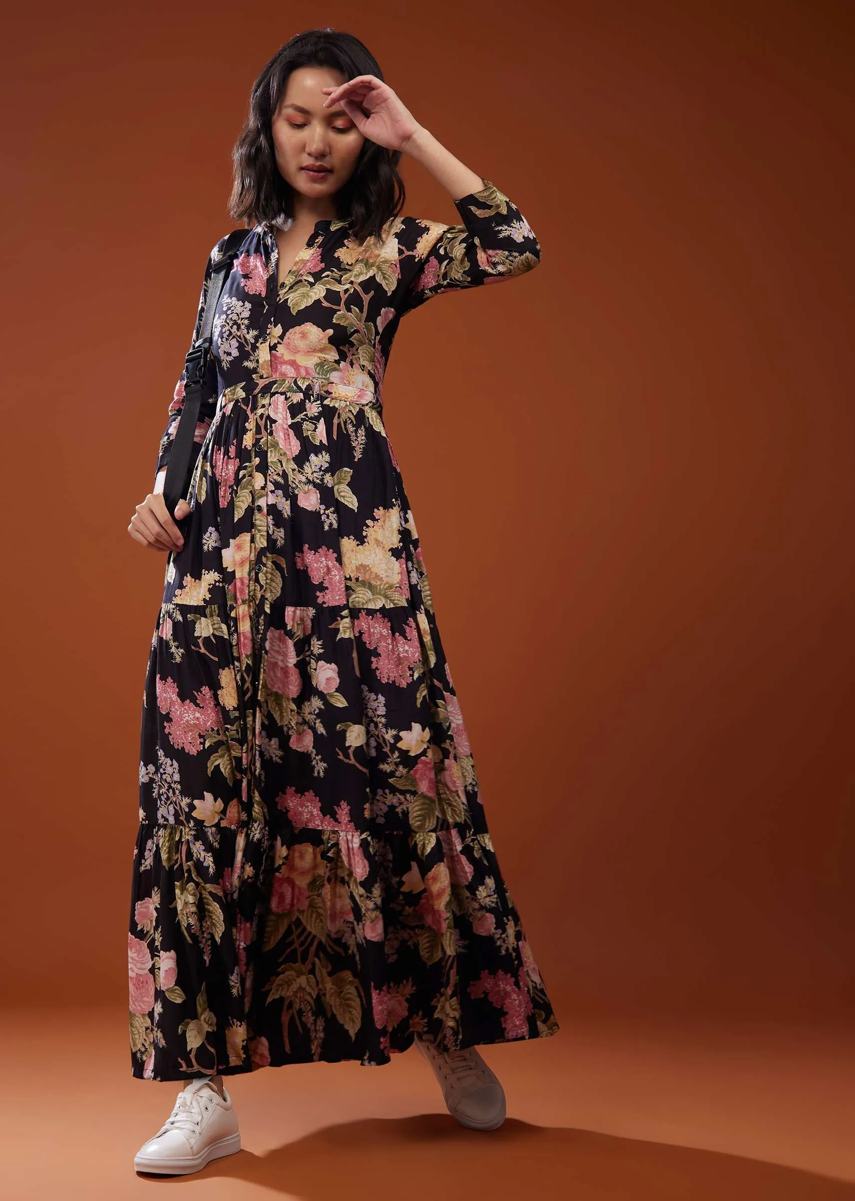 Black Floral Printed Silk Maxi Dress In Silk