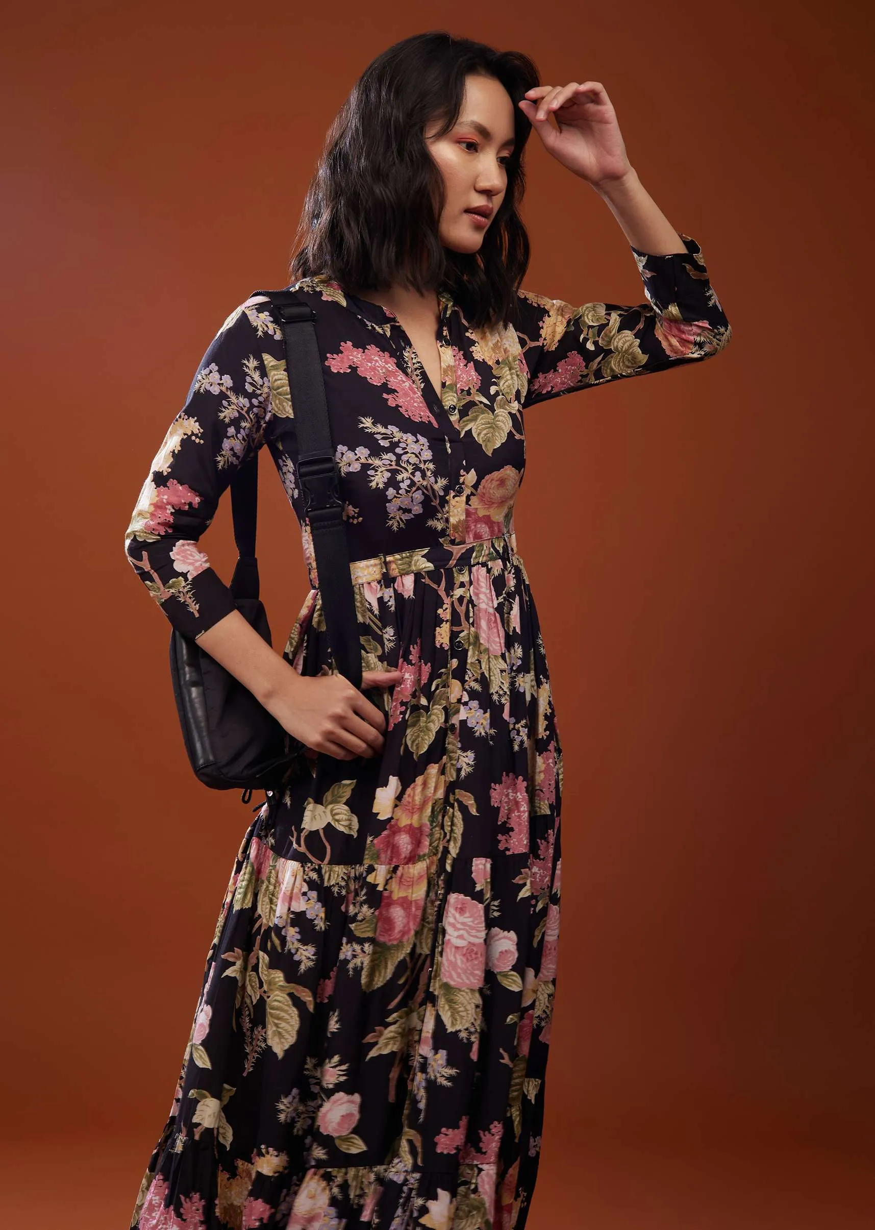Black Floral Printed Silk Maxi Dress In Silk