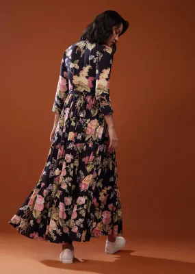 Black Floral Printed Silk Maxi Dress In Silk