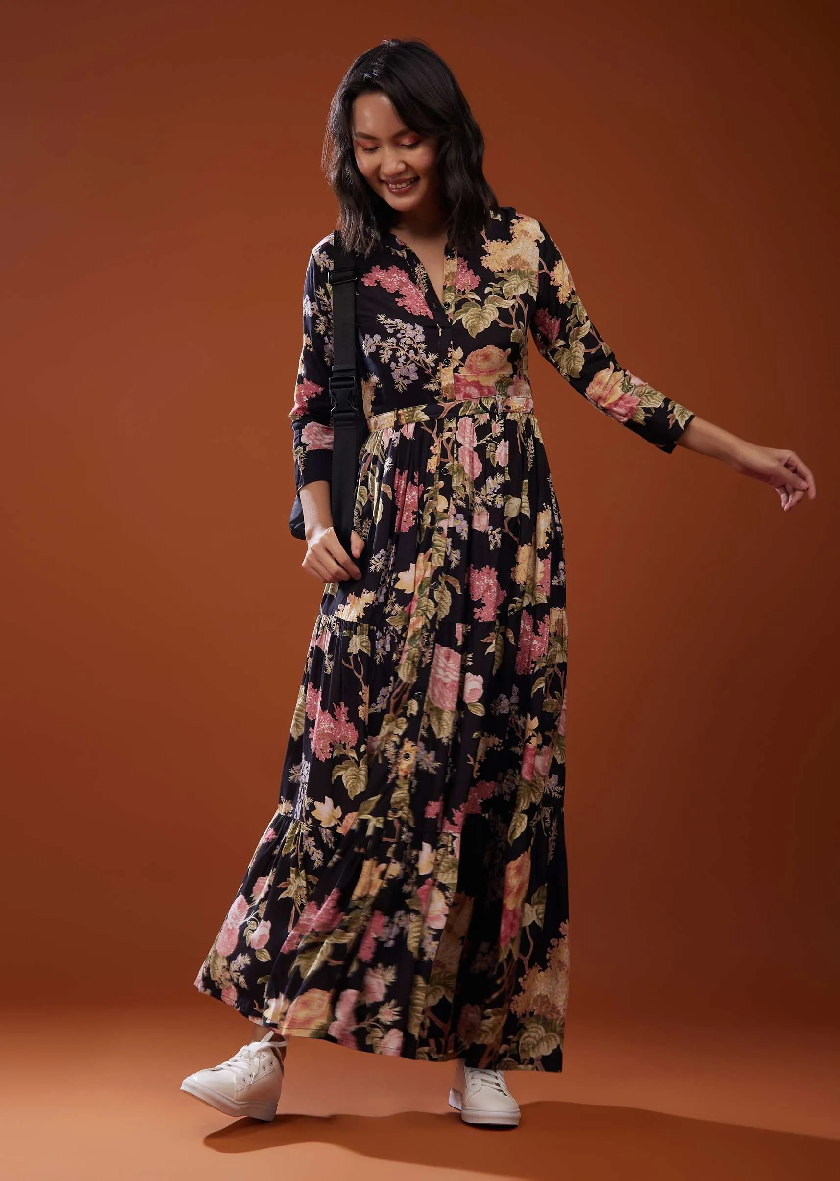 Black Floral Printed Silk Maxi Dress In Silk