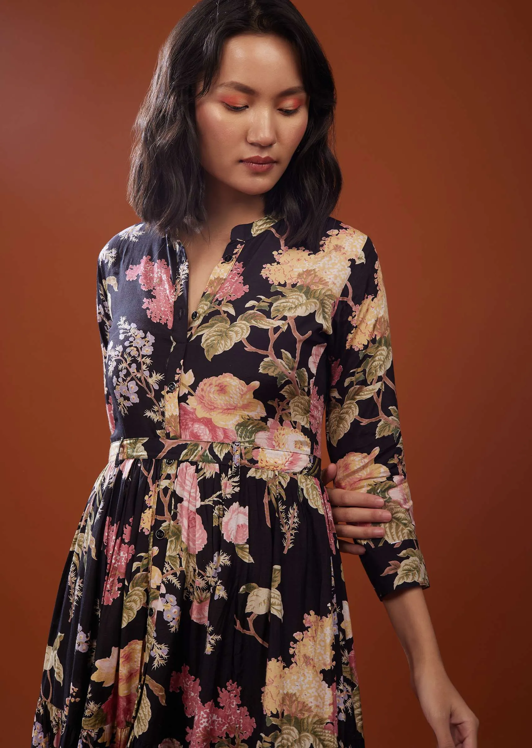 Black Floral Printed Silk Maxi Dress In Silk