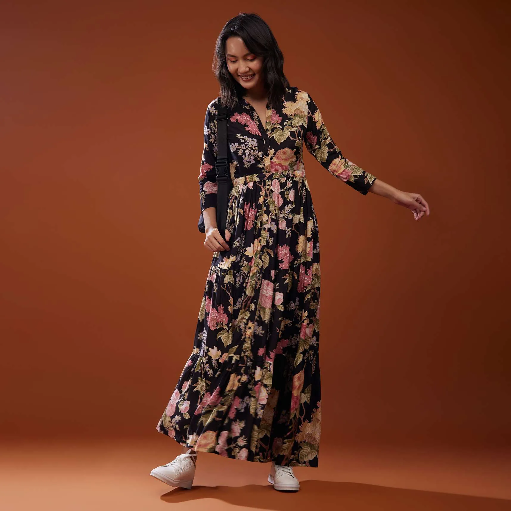 Black Floral Printed Silk Maxi Dress In Silk