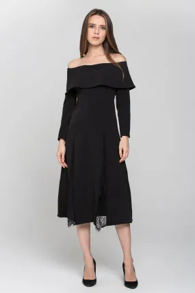 Black Sleeved Bardot Lace Panel Maxi Dress