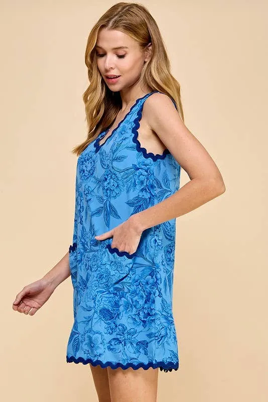 BLUE FLORAL PRINTED SCALLOPED TRIM DRESS