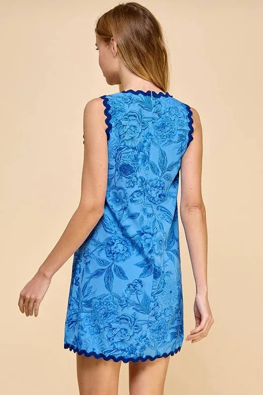 BLUE FLORAL PRINTED SCALLOPED TRIM DRESS