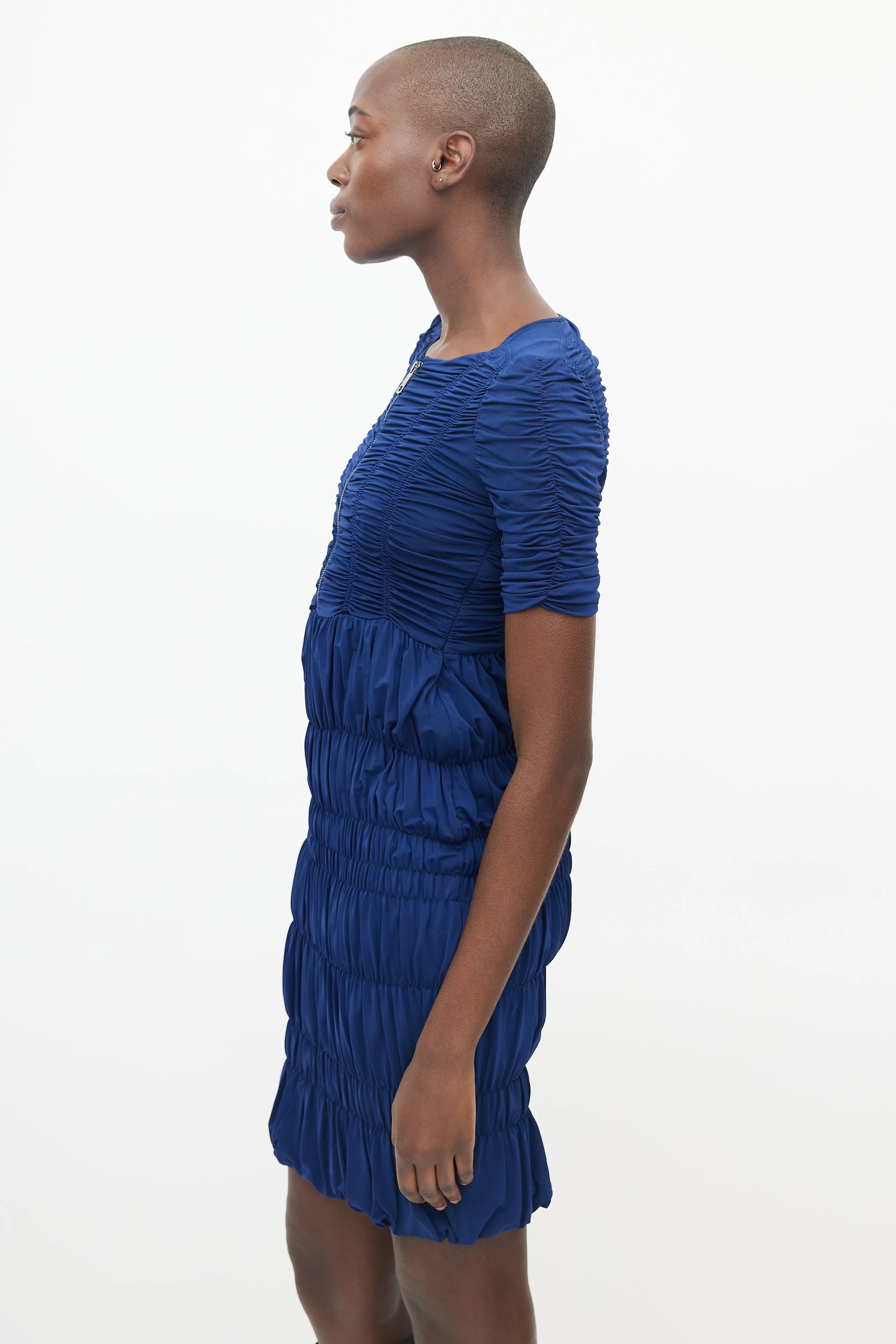 Blue Ruched Bodycon Half Zip Dress