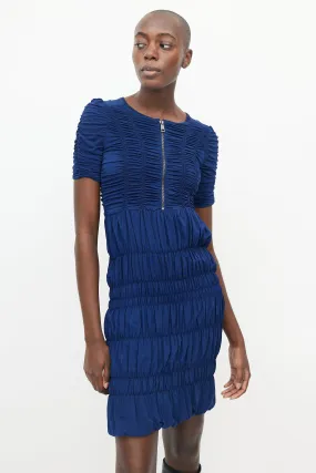 Blue Ruched Bodycon Half Zip Dress