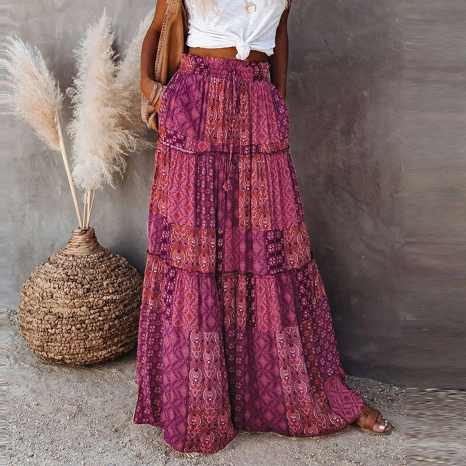 Bohemian A-line Flowy Maxi Skirt with Pockets