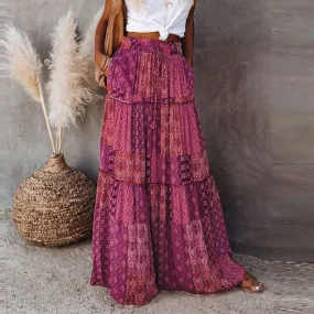 Bohemian A-line Flowy Maxi Skirt with Pockets
