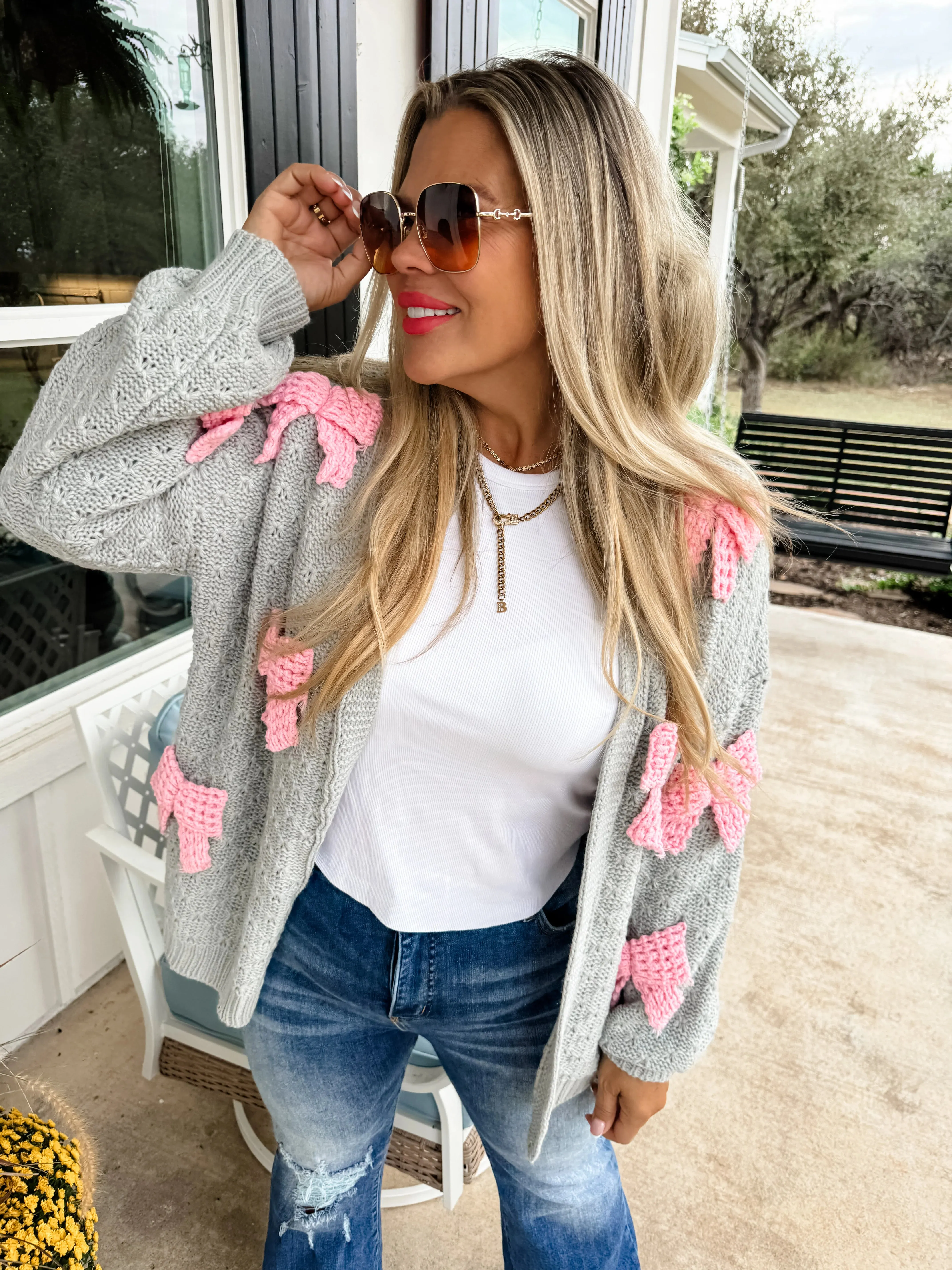 Bow Knit Cardigan - Grey