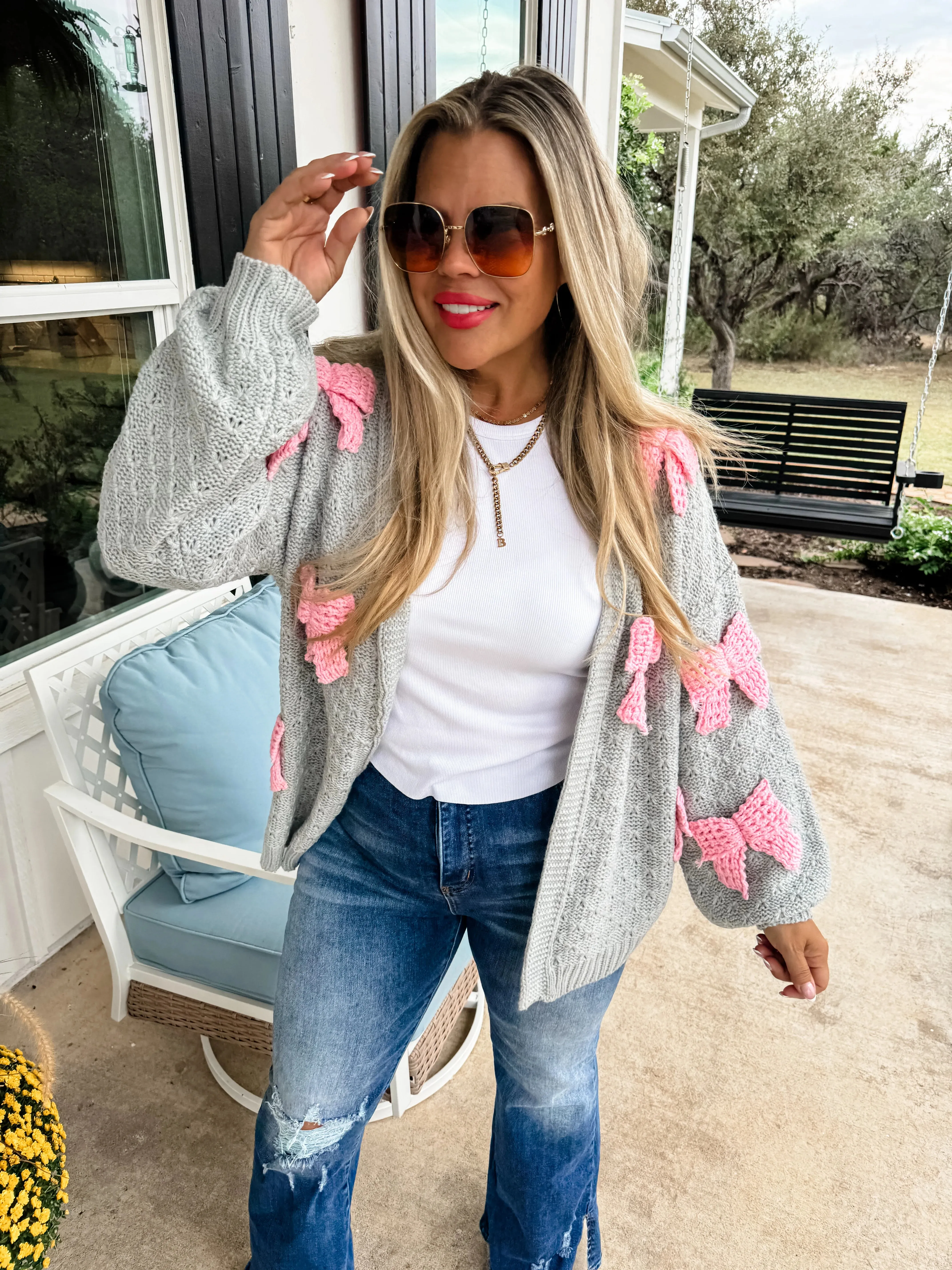 Bow Knit Cardigan - Grey