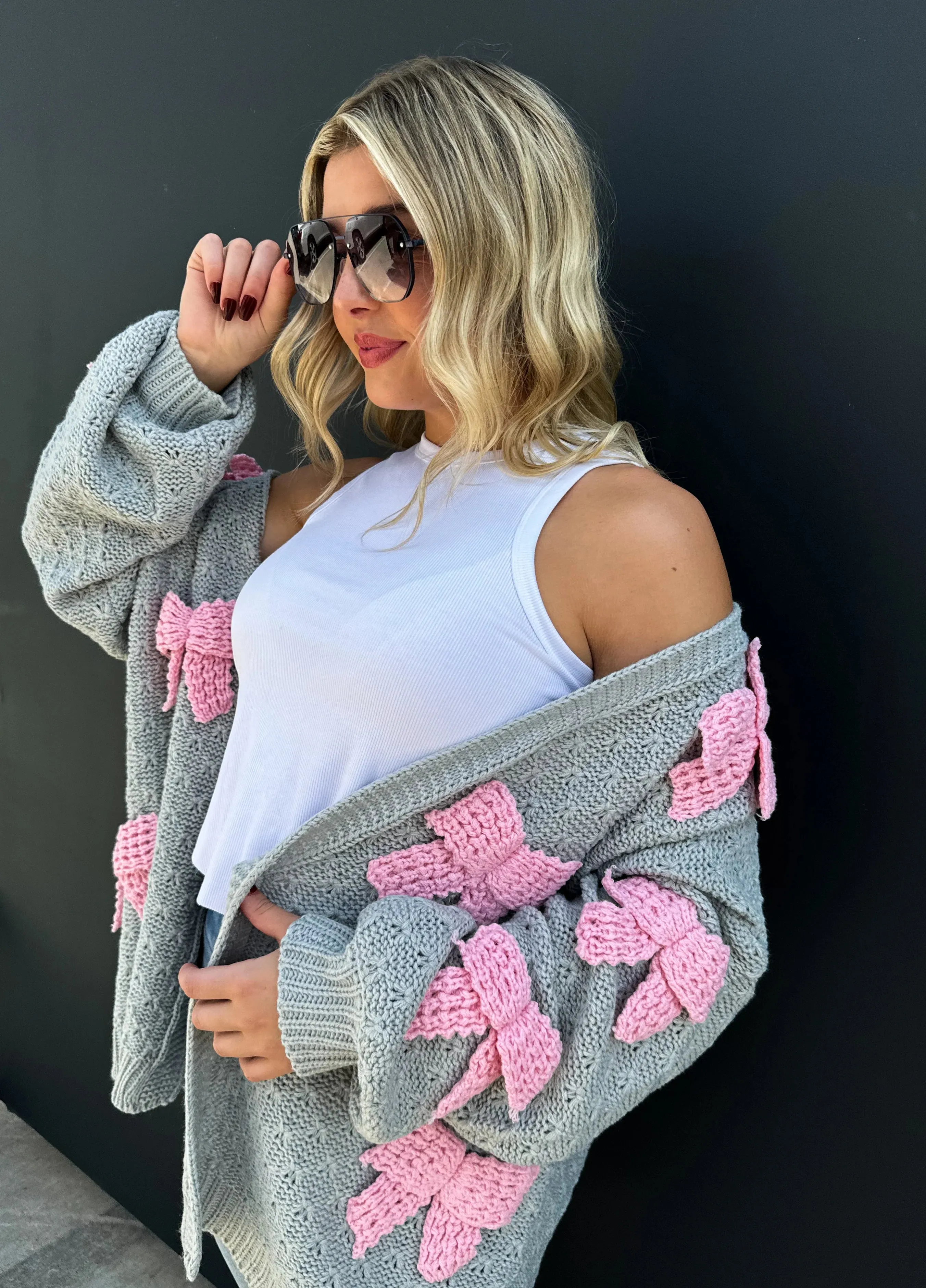 Bow Knit Cardigan - Grey