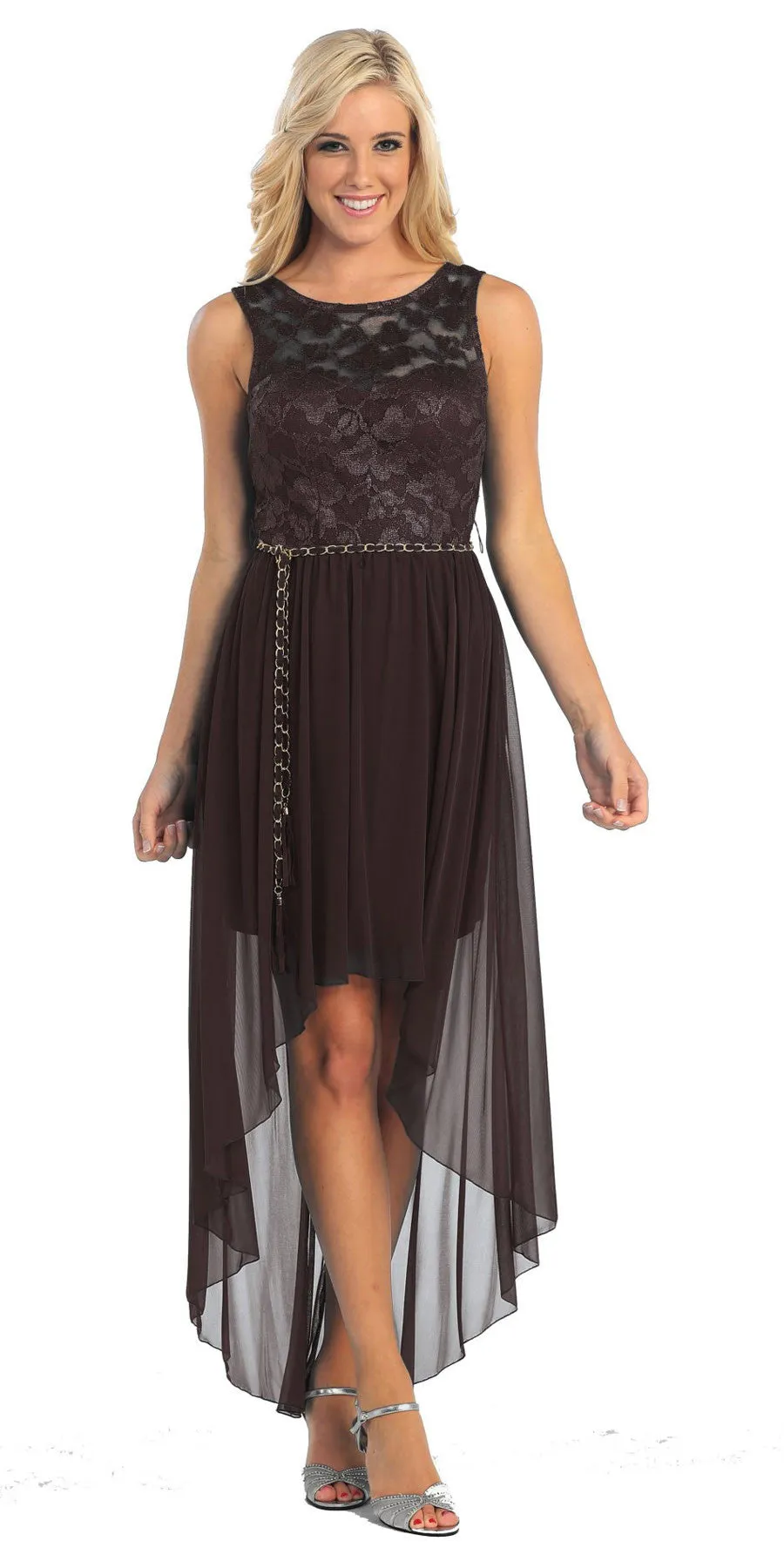 Celavie 2387 High Low Dress Lace Top Wide Strap Illusion Neck