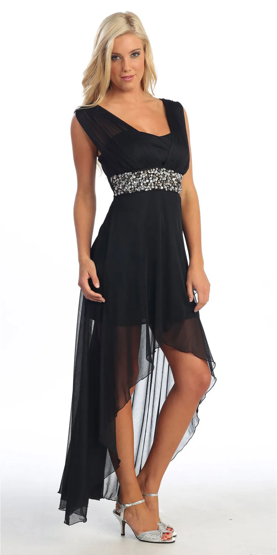 Celavie 2389 Chiffon Dress High Low Wide Strap Rhinestone Waist