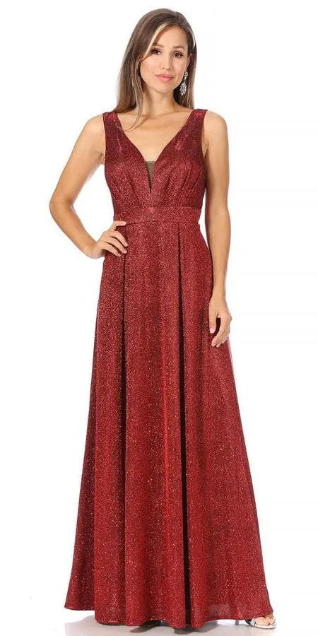 Celavie 6521-L Long V-Neck Sleeveless A-Line Glitter Dress