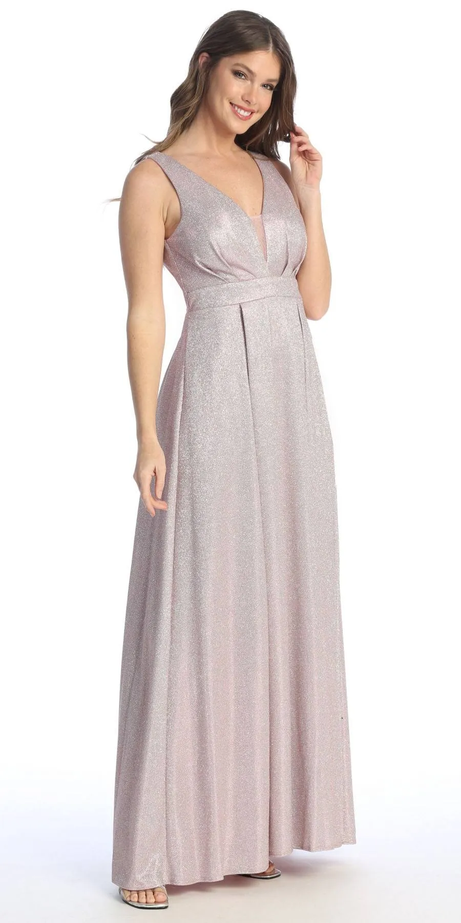 Celavie 6521-L Long V-Neck Sleeveless A-Line Glitter Dress