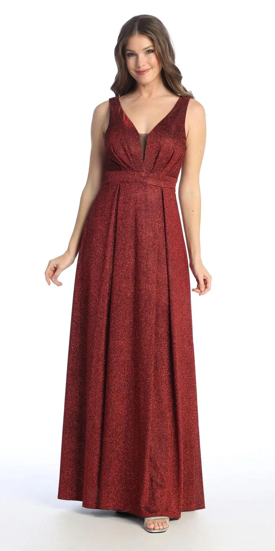 Celavie 6521-L Long V-Neck Sleeveless A-Line Glitter Dress