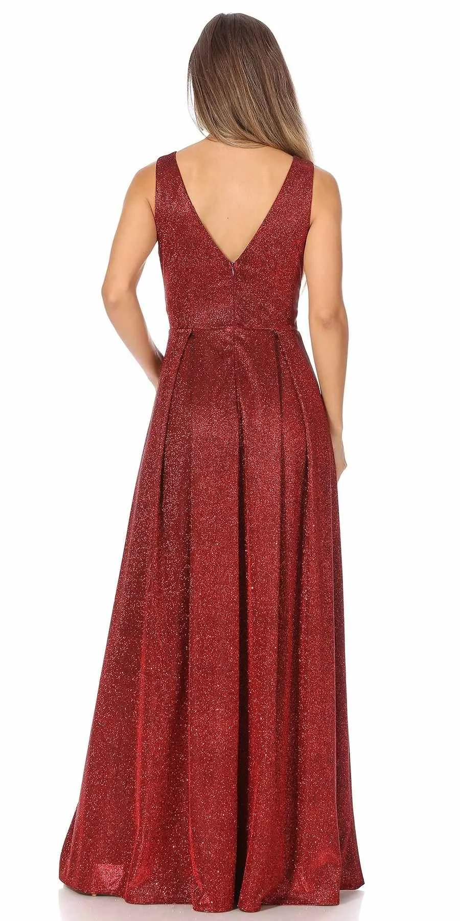 Celavie 6521-L Long V-Neck Sleeveless A-Line Glitter Dress