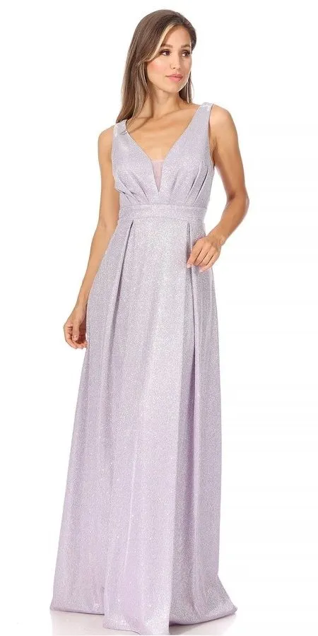 Celavie 6521-L Long V-Neck Sleeveless A-Line Glitter Dress