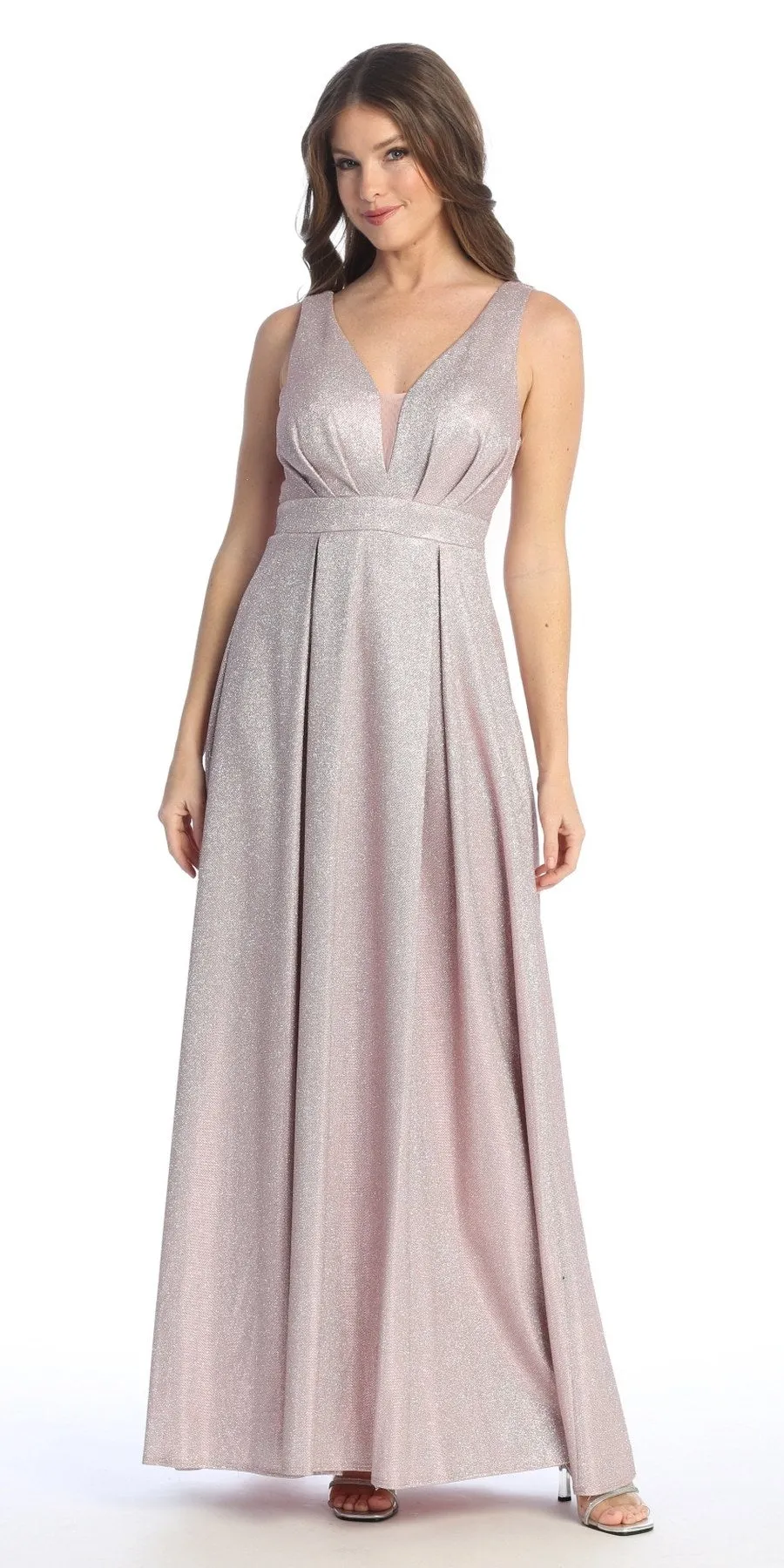 Celavie 6521-L Long V-Neck Sleeveless A-Line Glitter Dress