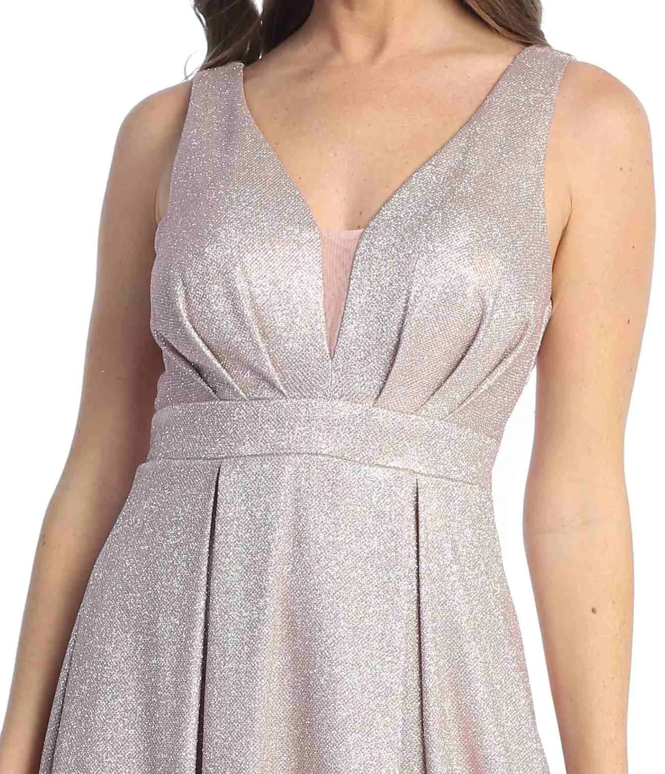 Celavie 6521-L Long V-Neck Sleeveless A-Line Glitter Dress