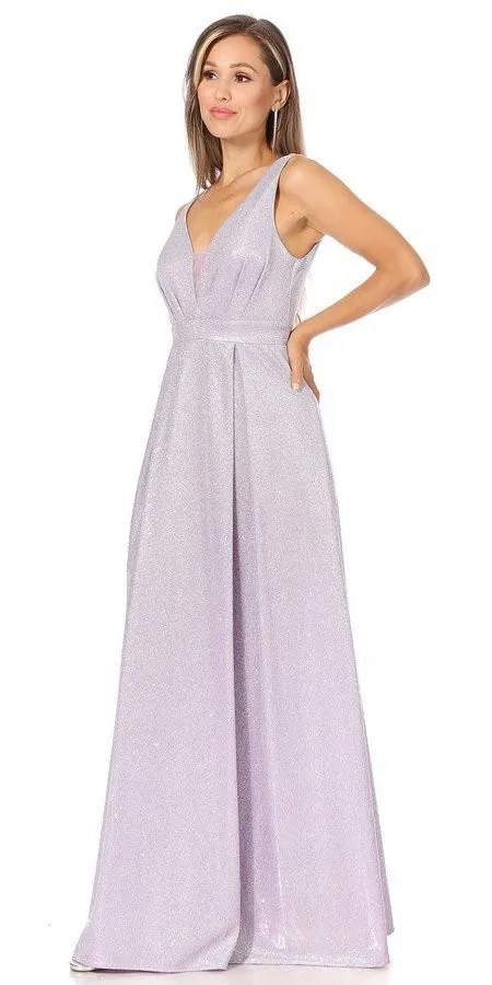 Celavie 6521-L Long V-Neck Sleeveless A-Line Glitter Dress