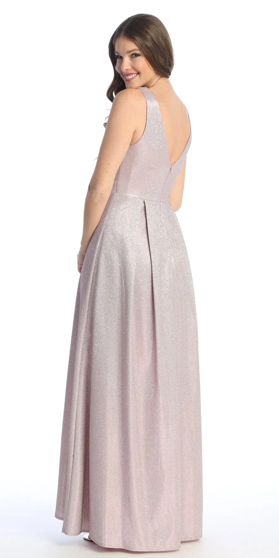 Celavie 6521-L Long V-Neck Sleeveless A-Line Glitter Dress