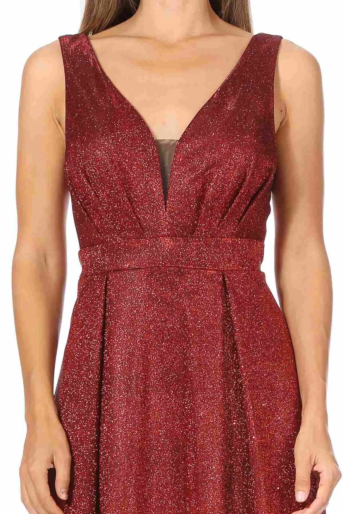 Celavie 6521-L Long V-Neck Sleeveless A-Line Glitter Dress