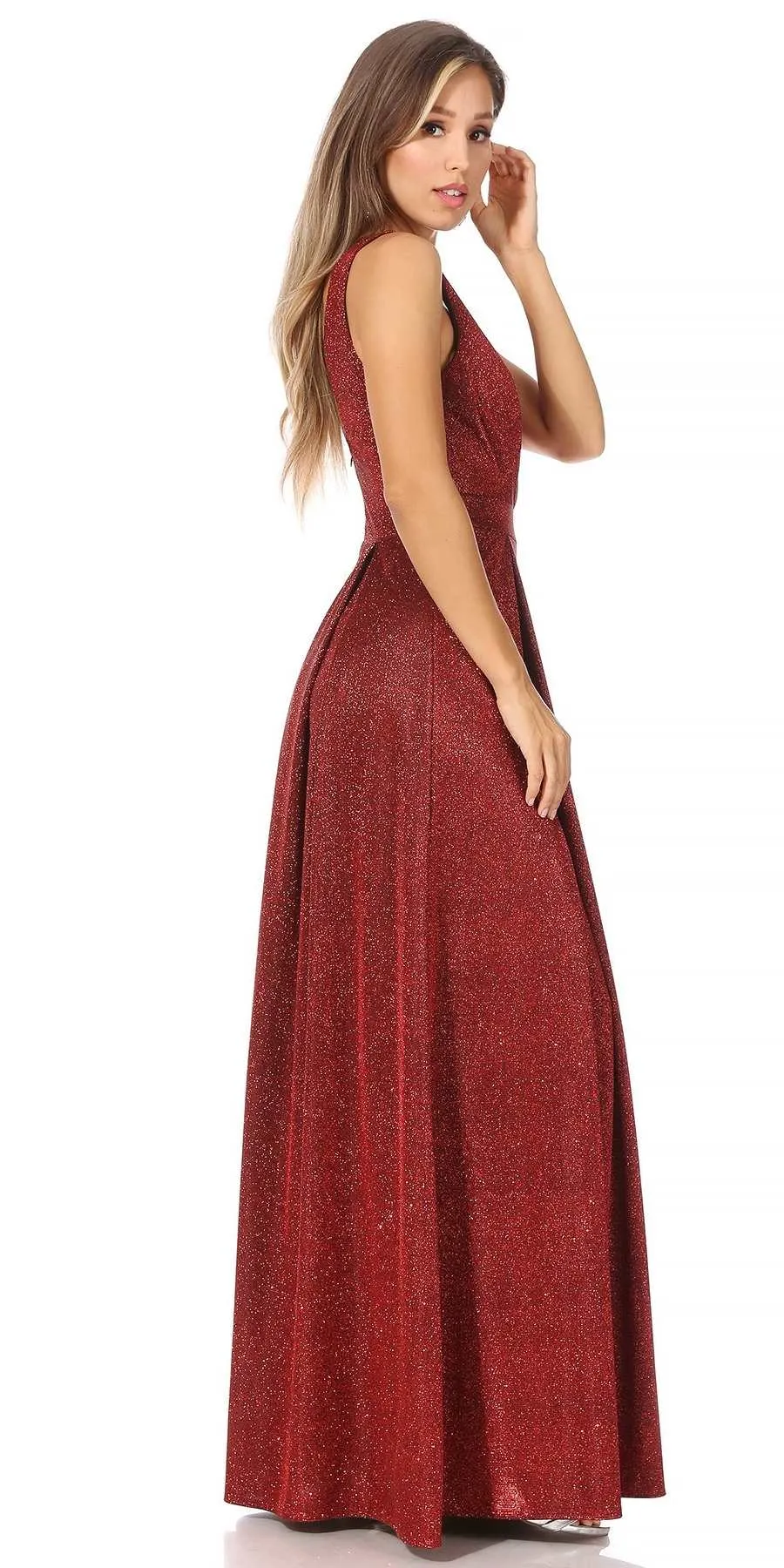 Celavie 6521-L Long V-Neck Sleeveless A-Line Glitter Dress