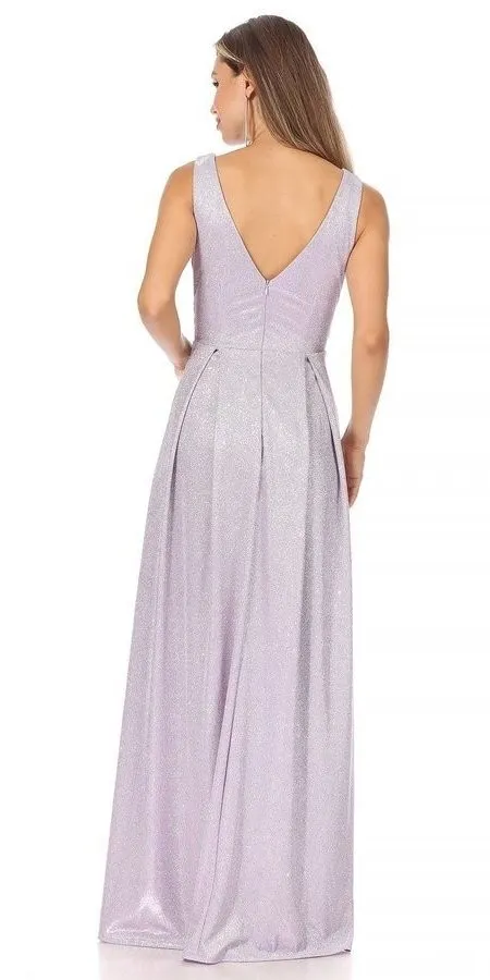 Celavie 6521-L Long V-Neck Sleeveless A-Line Glitter Dress