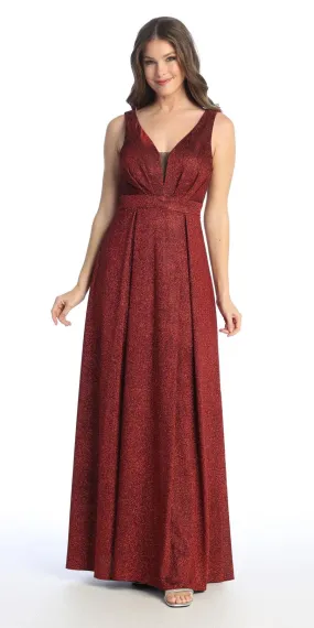 Celavie 6521-L Long V-Neck Sleeveless A-Line Glitter Dress