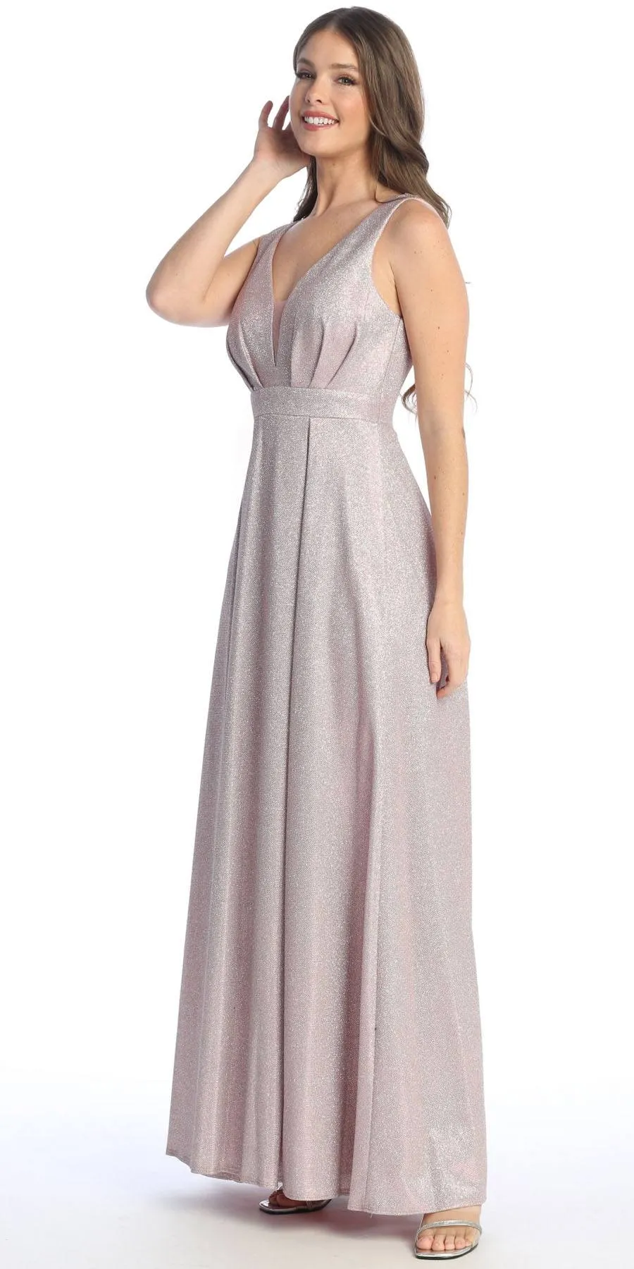 Celavie 6521-L Long V-Neck Sleeveless A-Line Glitter Dress