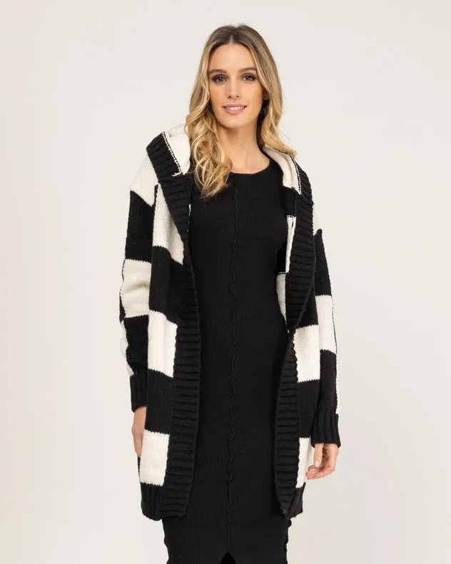 Checkered Knit Cardigan With Hood