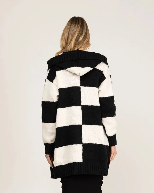 Checkered Knit Cardigan With Hood