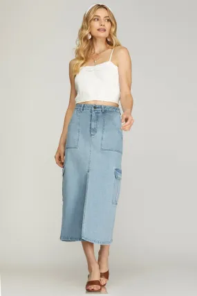 Denim Cargo Midi Skirt