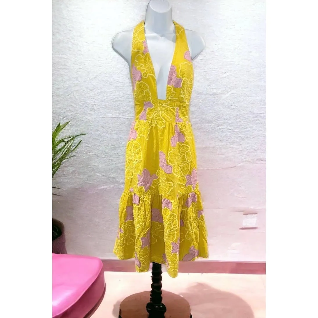 Dress The Population Yellow Pink Floral Halter Dress Size Small New