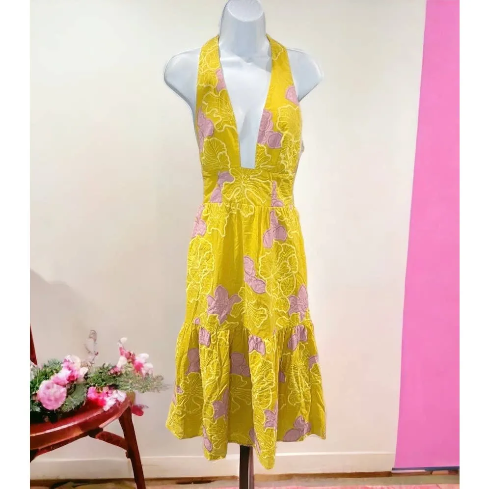Dress The Population Yellow Pink Floral Halter Dress Size Small New