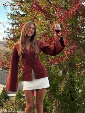 Fashionista Wide Sleeves red knitted buttoned cardigan