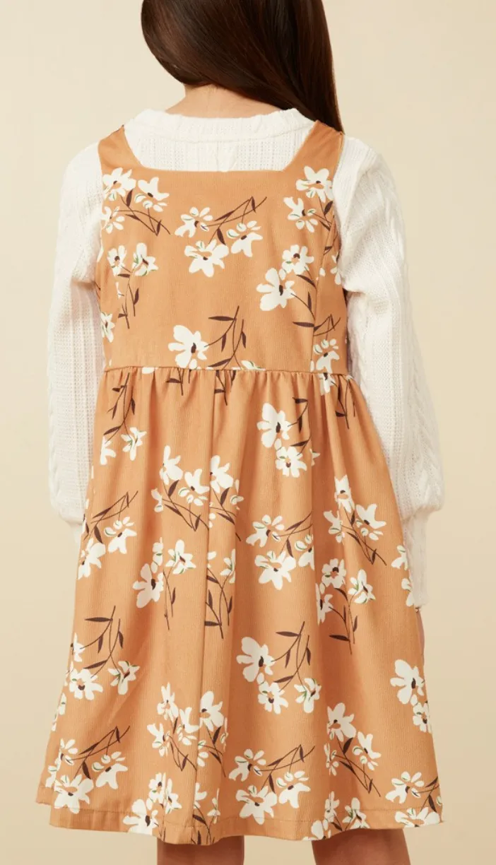 Girls Button Detail Floral Print Corduroy Dress