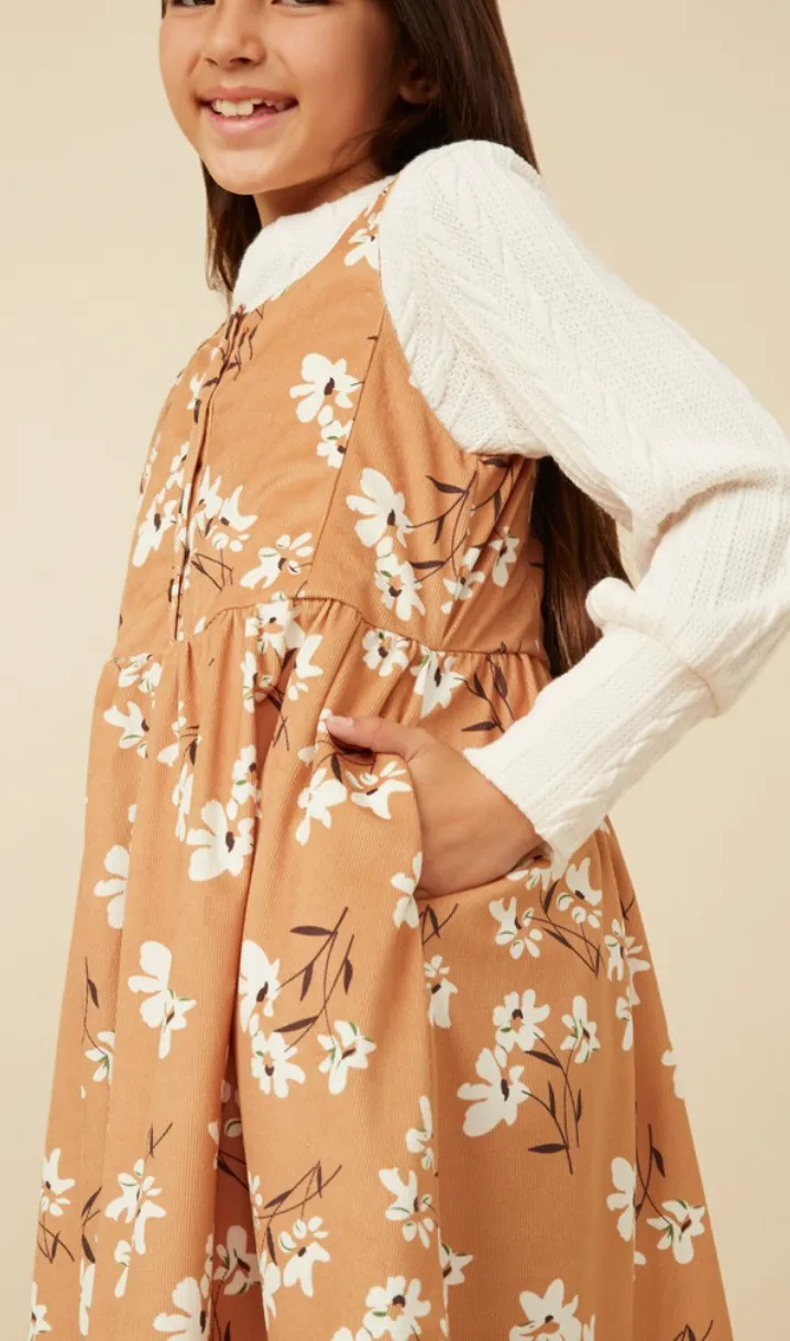 Girls Button Detail Floral Print Corduroy Dress