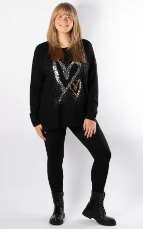 Gold & Silver Sequin Hearts Knit | Black