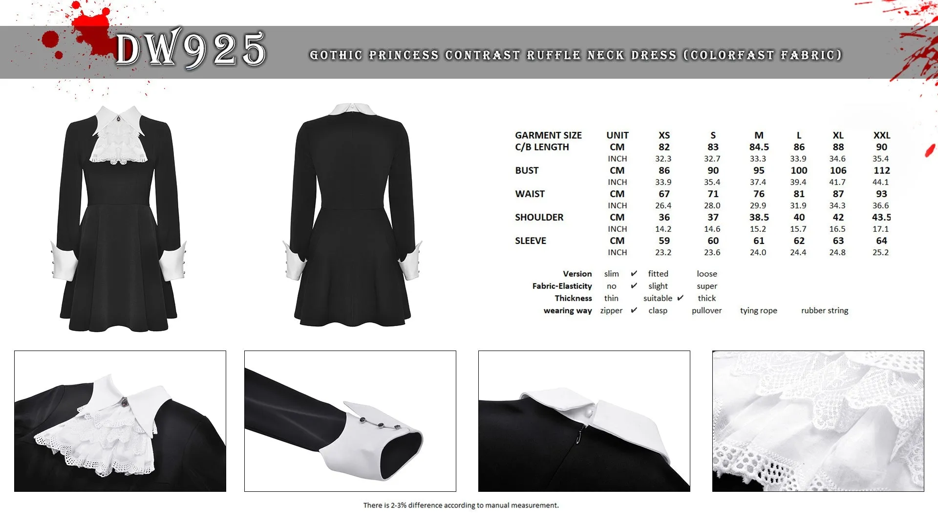 Gothic princess contrast ruffle neck dress (colorfast fabric) DW925