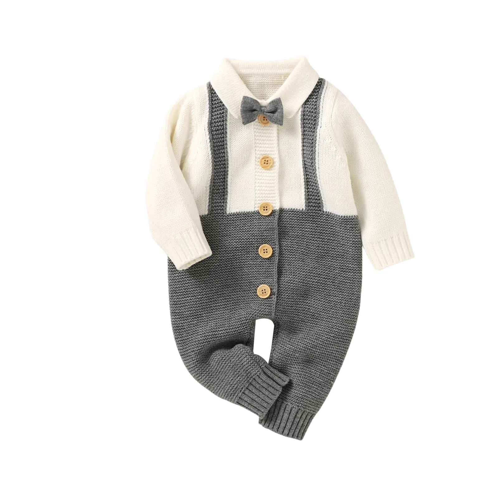 Gray and White Knitted Dress Up Baby Boy Onesie