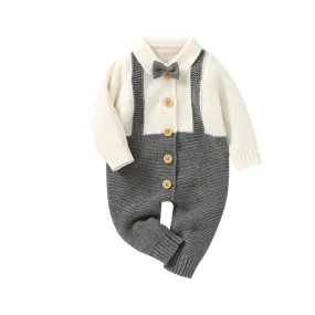 Gray and White Knitted Dress Up Baby Boy Onesie