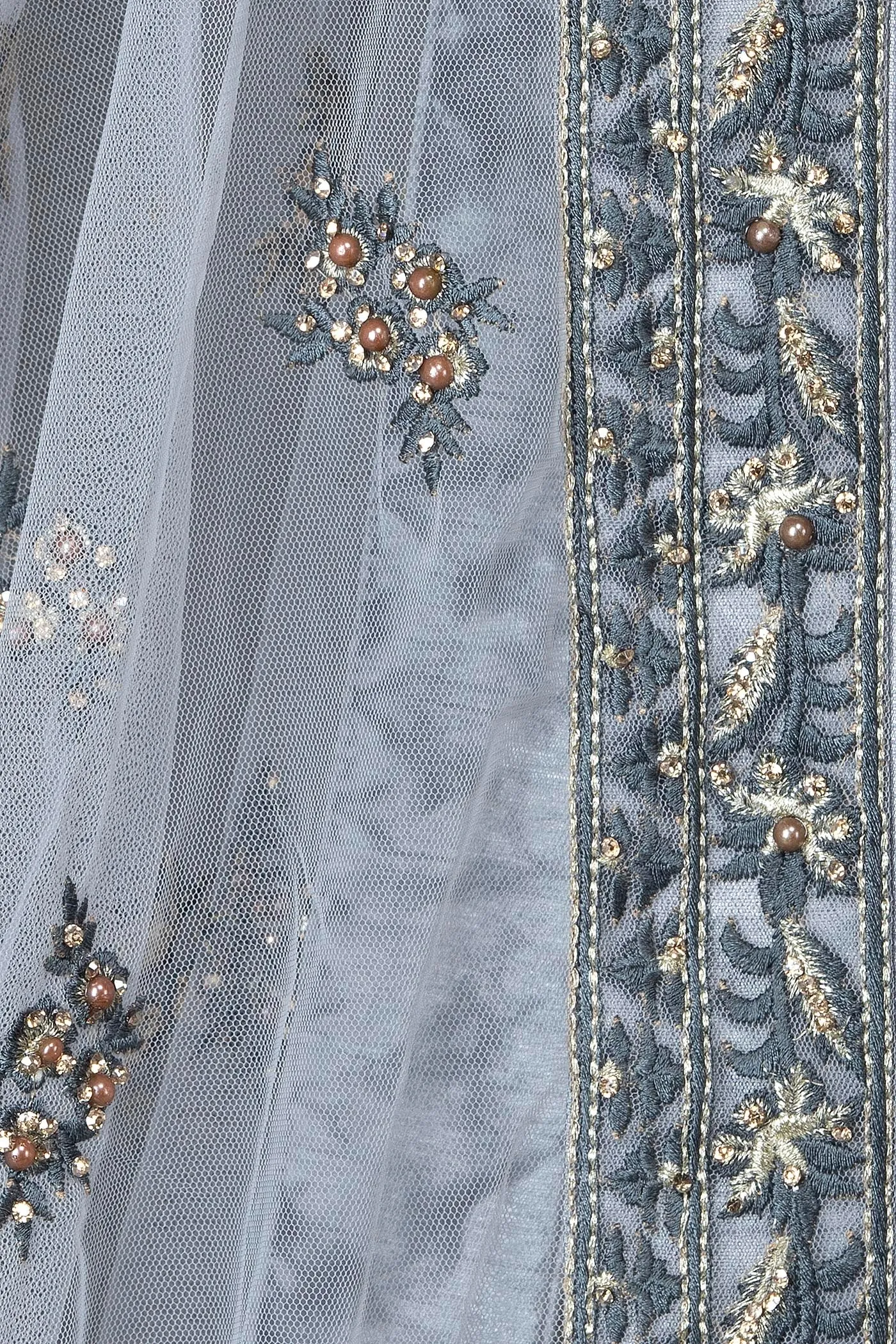 Grey Net Lehenga Top With Grey Resham/Thread Embriodery Highlighted With Silver Stones