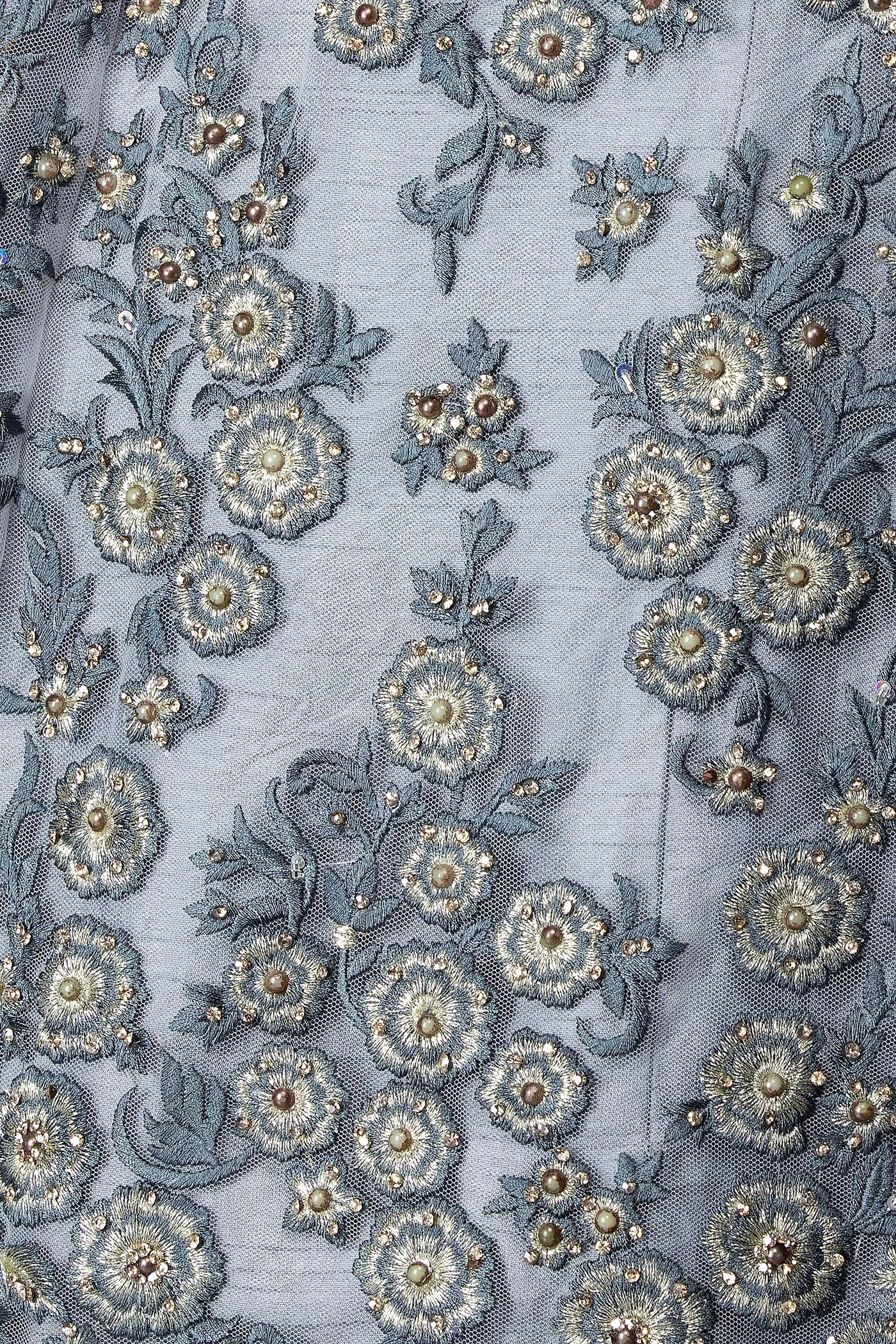 Grey Net Lehenga Top With Grey Resham/Thread Embriodery Highlighted With Silver Stones