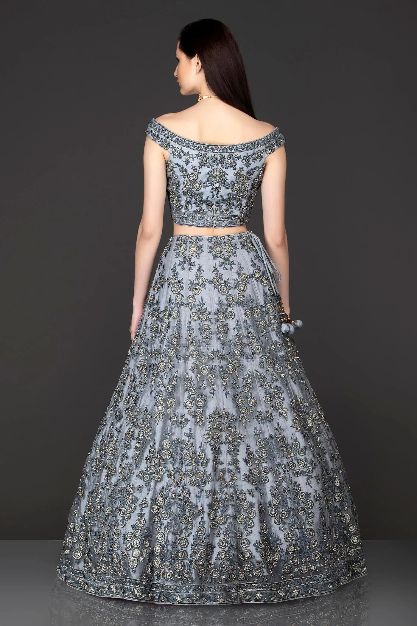 Grey Net Lehenga Top With Grey Resham/Thread Embriodery Highlighted With Silver Stones